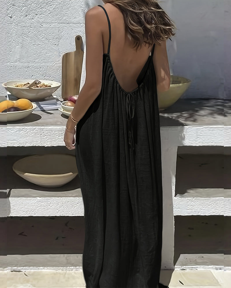 Summer Solid Backless Cami Dress
